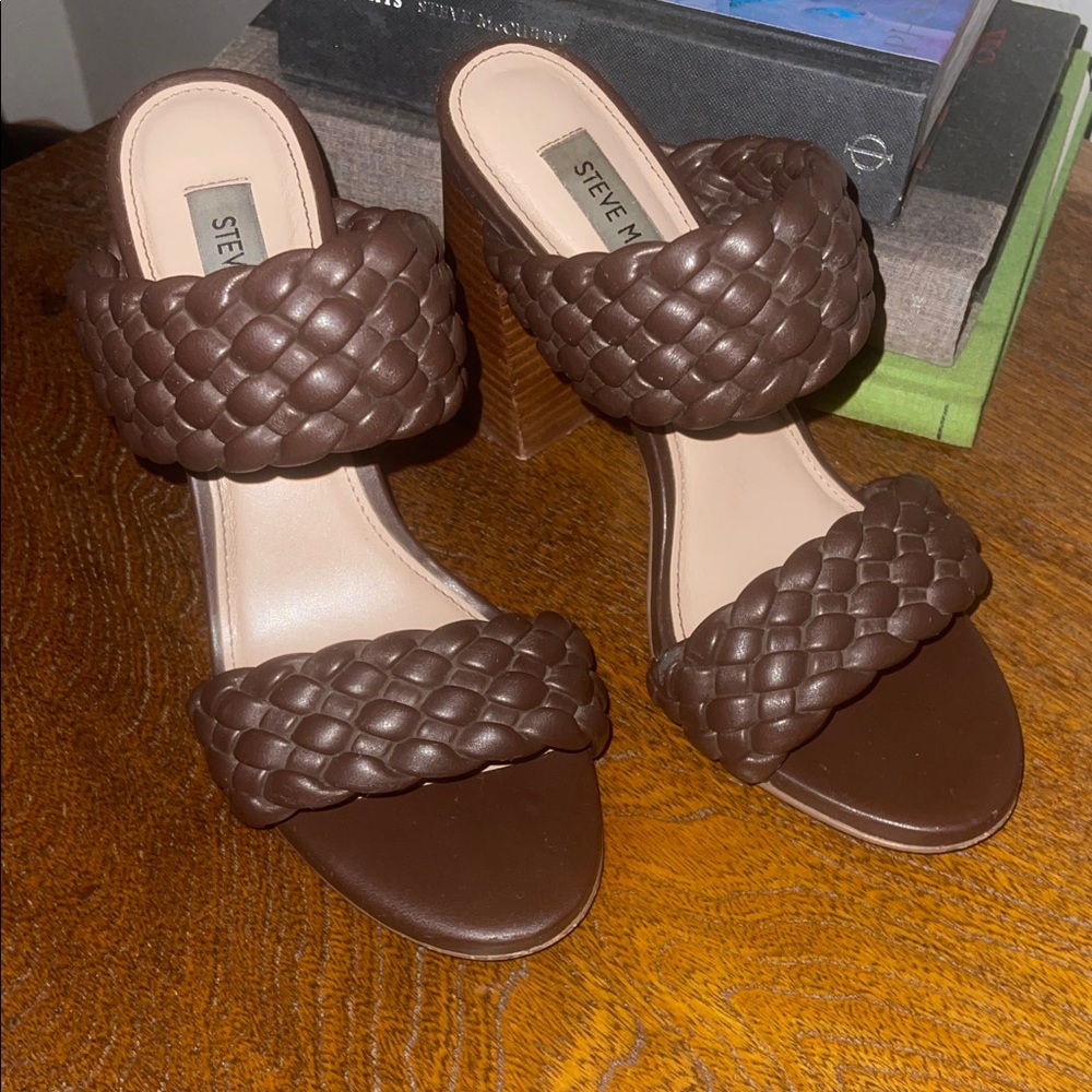 Steve Madden Brown Braided Double-Strap Block Heel Mules